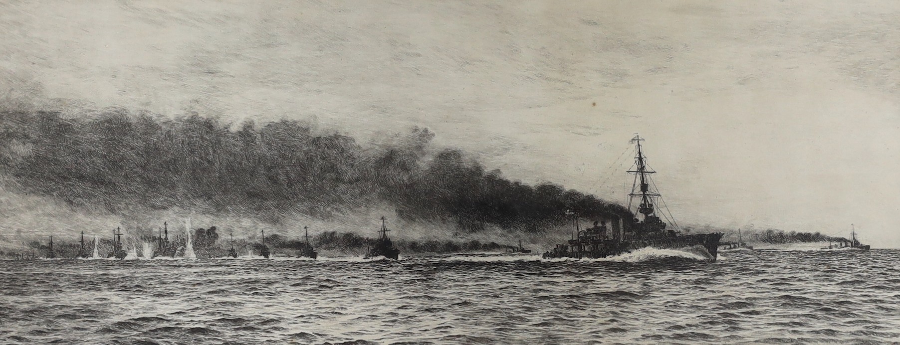 William Lionel Wyllie (1851-1931), etching, 'H.M.S Champion, Battle of Jutland 1916', signed in pencil, 17 x 42cm